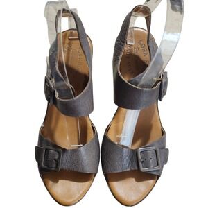Kork-Ease Womens Size 8 Gray Leather Wedge Platform Sandals Buckle Straps Susie